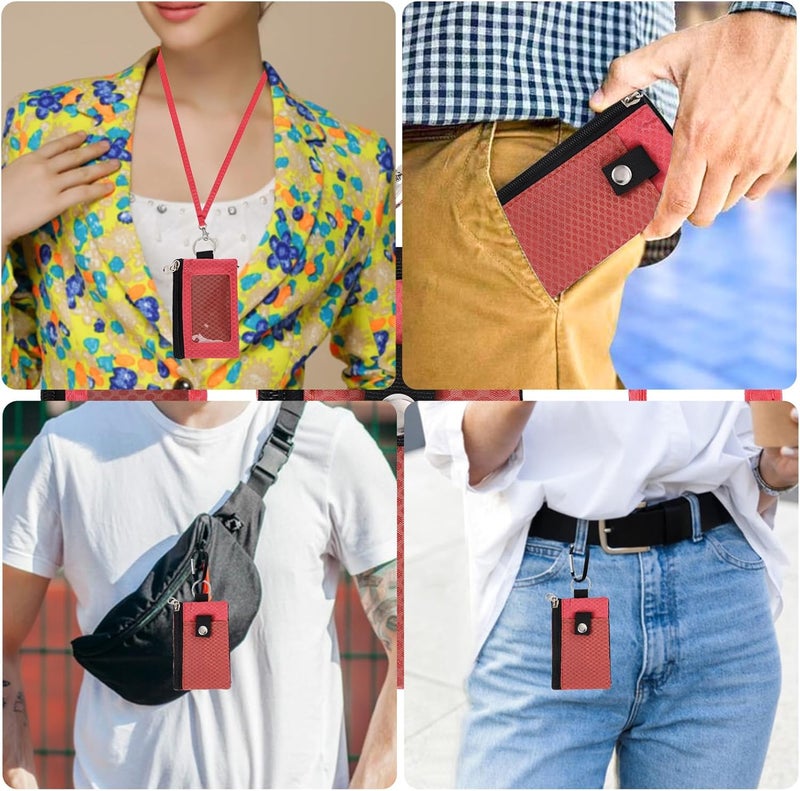 MASAPHIL MASAPHlL Small Lanyard Wallet for Women/Men with RFID Blocking ID Badge Holder, Minimalist Nylon Zipper Pouch, Travel Neck Wallet with Keychain, ID Window for Card,Coin,Cash (Deep red+Rose) - Image 2